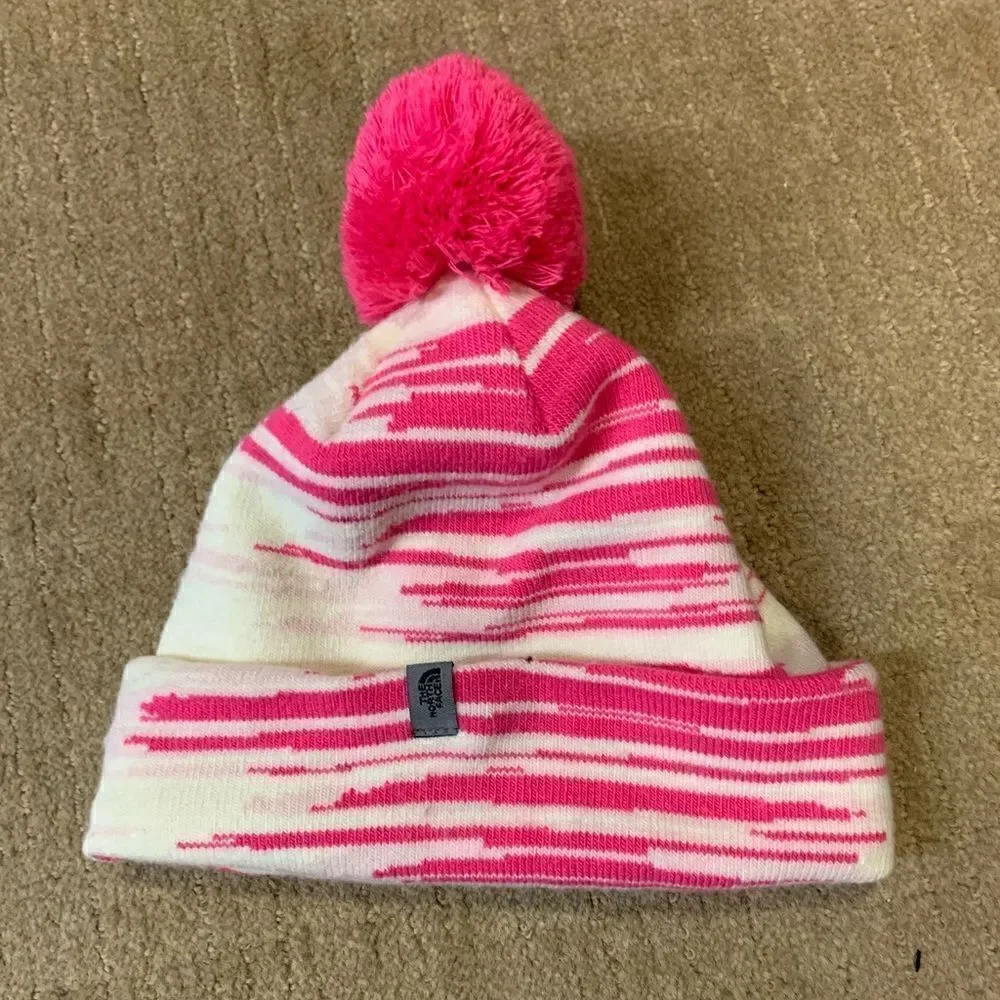 The North Face Pom Pom Fuschia Pink & White Knit Girls Kids Hat Cap